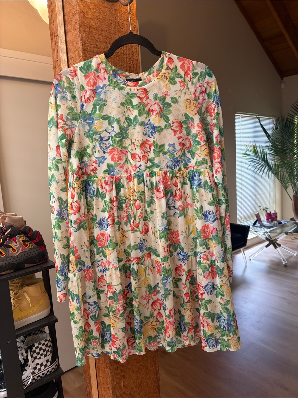 AFRM Floral Long-Sleeve babydoll dress White with Multicolor Flowers